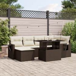7 Pcs conjunto de sofás jardim c/ almofadões vime PE castanho