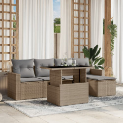 6 Pcs conjunto de sofás p/ jardim com almofadões vime PE bege