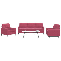 3 Pcs conjunto de sofás com almofadões veludo vermelho tinto