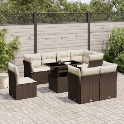 9 Pcs conjunto sofás p/ jardim c/ almofadões vime PE castanho
