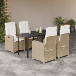 5 Pcs conjunto de jantar p/ jardim com almofadões vime PE bege