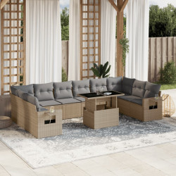 11 Pcs conjunto sofás de jardim c/ almofadões vime PE bege