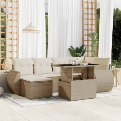 7 Pcs conjunto de sofás p/ jardim com almofadões vime PE bege