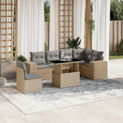 7 Pcs conjunto de sofás p/ jardim com almofadões vime PE bege