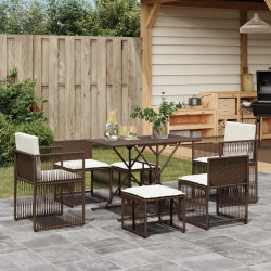 7 Pcs conjunto jantar p/ jardim c/ almofadões vime PE castanho