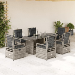 7 Pcs conjunto de jantar p/ jardim c/ almofadões vime PE cinza