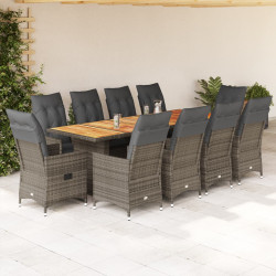 11 Pcs conjunto bistrô de jardim c/ almofadões vime PE cinzento