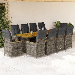 11 Pcs conjunto bistrô de jardim c/ almofadões vime PE cinzento