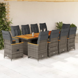 11 Pcs conjunto bistrô de jardim c/ almofadões vime PE cinzento