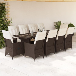 11 Pcs conj. de bistrô p/ jardim c/ almofadões vime PE castanho