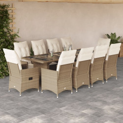 11 Pcs conjunto de bistrô p/ jardim c/ almofadões vime PE bege