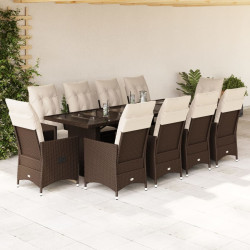 11 Pcs conj. de bistrô p/ jardim c/ almofadões vime PE castanho