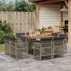 9 Pcs conjunto de jantar p/ jardim c/ almofadões vime PE cinza