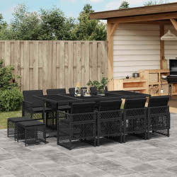 13 Pcs conjunto de jantar p/jardim com almofadões vime PE preto