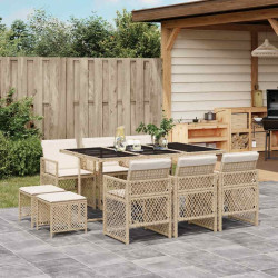 11 Pcs conjunto de jantar p/ jardim com almofadões vime PE bege