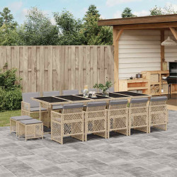 15 Pcs conjunto de jantar p/ jardim com almofadões vime PE bege