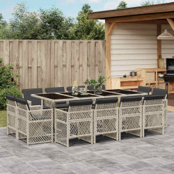 13 Pcs conj. jantar jardim c/ almofadões vime PE cinzento-claro
