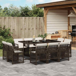 11 Pcs conjunto jantar p/ jardim c/ almofadões vime PE castanho