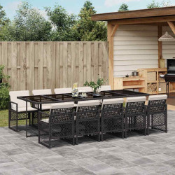 11 Pcs conjunto de jantar p/ jardim c/ almofadões vime PE preto