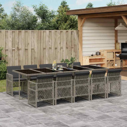 11 Pcs conjunto jantar p/ jardim c/ almofadões vime PE cinzento