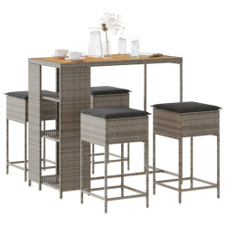5 Pcs conjunto de bar p/ jardim c/ almofadões vime PE cinzento