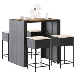 5 Pcs conjunto de bar p/ jardim c/ almofadões vime PE preto
