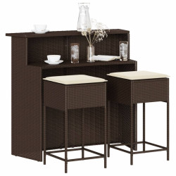 3 Pcs conjunto de bar p/ jardim com almofadões vime PE castanho