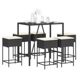 7 Pcs conjunto de bar para jardim c/ almofadões vime PE preto