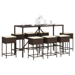 9 Pcs conjunto de bar p/ jardim c/ almofadões vime PE castanho