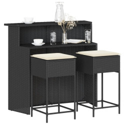 3 Pcs conjunto de bar para jardim c/ almofadões vime PE preto