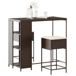 3 Pcs conjunto de bar p/ jardim com almofadões vime PE castanho