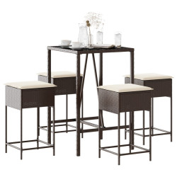 5 Pcs conjunto de bar p/ jardim c/ almofadões vime PE castanho