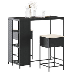 3 Pcs conjunto de bar para jardim c/ almofadões vime PE preto