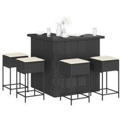 5 Pcs conjunto de bar p/ jardim c/ almofadões vime PE preto