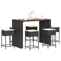 7 Pcs conjunto de bar para jardim c/ almofadões vime PE preto