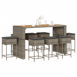 9 Pcs conjunto de bar p/ jardim c/ almofadões vime PE cinzento