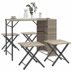 5 Pcs conjunto de jantar p/ jardim dobrável vime PE cinza-claro