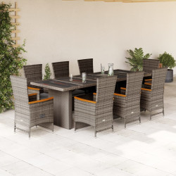 9 Pcs conjunto de jantar p/ jardim c/ almofadões vime PE cinza