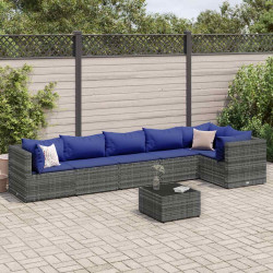 7 Pcs conjunto lounge de jardim c/ almofadões vime PE cinzento