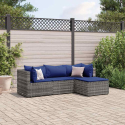 4 Pcs conjunto lounge de jardim c/ almofadões vime PE cinzento