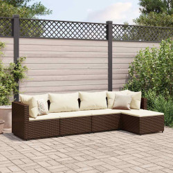 5 Pcs conjunto lounge jardim c/ almofadões vime PE castanho
