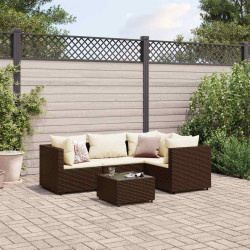 5 Pcs conjunto lounge jardim c/ almofadões vime PE castanho