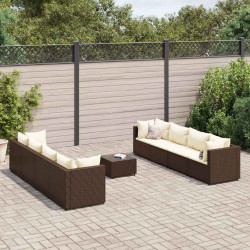 9 Pcs conjunto lounge jardim c/ almofadões vime PE castanho