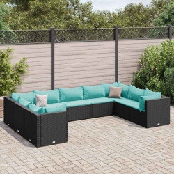 9 Pcs conjunto lounge de jardim c/ almofadões vime PE preto