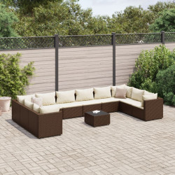 11 Pcs conjunto lounge jardim c/ almofadões vime PE castanho