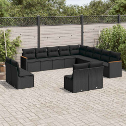 13 Pcs conjunto de sofás de jardim com almofadões vime PE preto