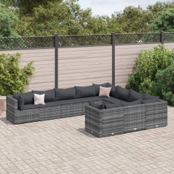10 Pcs conjunto sofás de jardim c/ almofadões vime PE cinzento