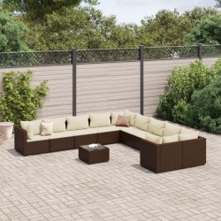 11 Pcs conjunto sofás de jardim c/ almofadões vime PE castanho