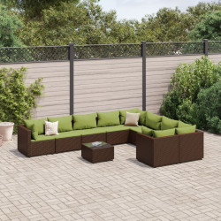 10 Pcs conj. sofás jardim com almofadões vime PE castanho