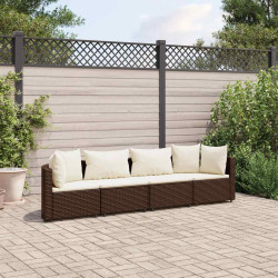 4 Pcs conjunto sofás de jardim c/ almofadões vime PE castanho